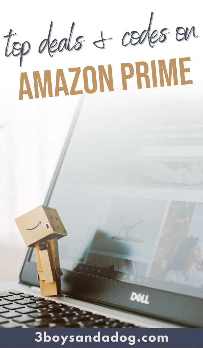 A small cardboard box figure stands on a Dell laptop keyboard. The screen displays a blurred webpage. Text reads Top Amazon hottest deals & codes on Prime with a website address at the bottom: 3boysandadog.com.