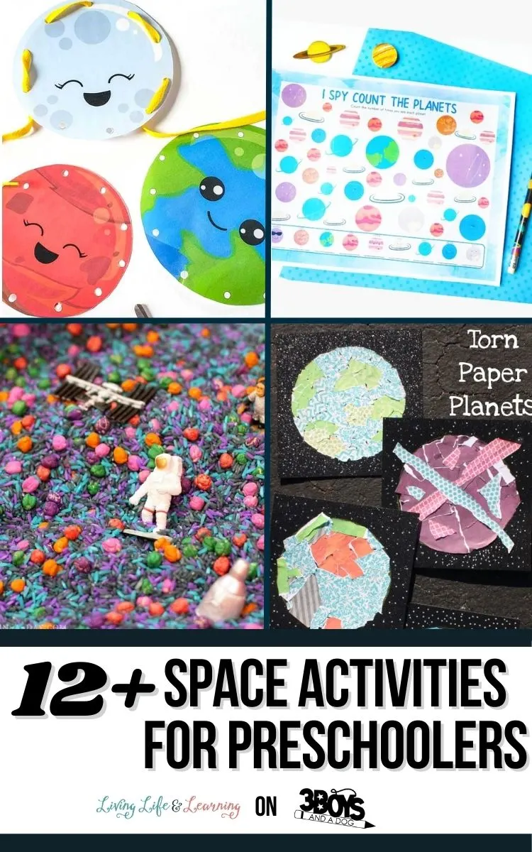 A collage for 4 different space activities for preschoolers including lacing cards, a file folder game, sensory bin and art project.