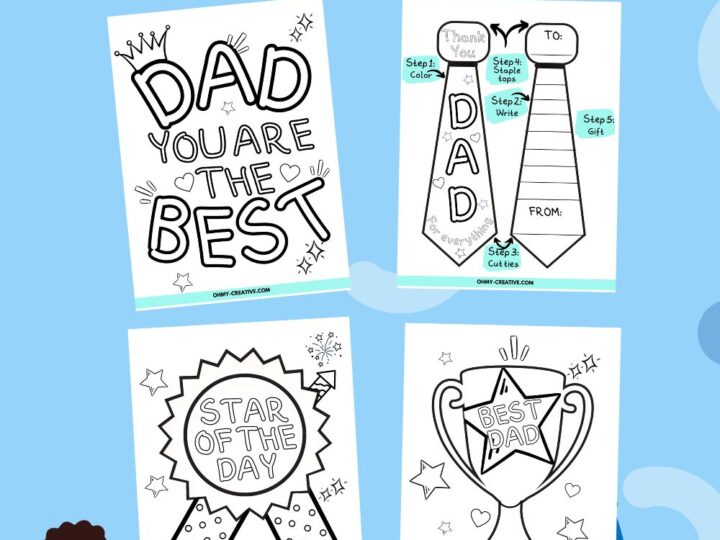 Fathers Day-themed image featuring four coloring pages: Dad You Are The Best, a tie with Love and To/From labels, Star of the Day inside a star, and a trophy with Dad. Two cartoon children hold crayons, perfect fathers day activities for preschoolers.