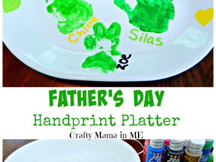 A white platter with green handprints labeled Chloe and Silas reads Daddys Grill Plate and Happy Fathers Day 2015! in black marker, surrounded by yellow hearts. Below, a blank plate awaits, perfect for exploring more Fathers Day painting ideas for toddlers with paints and markers beside it.