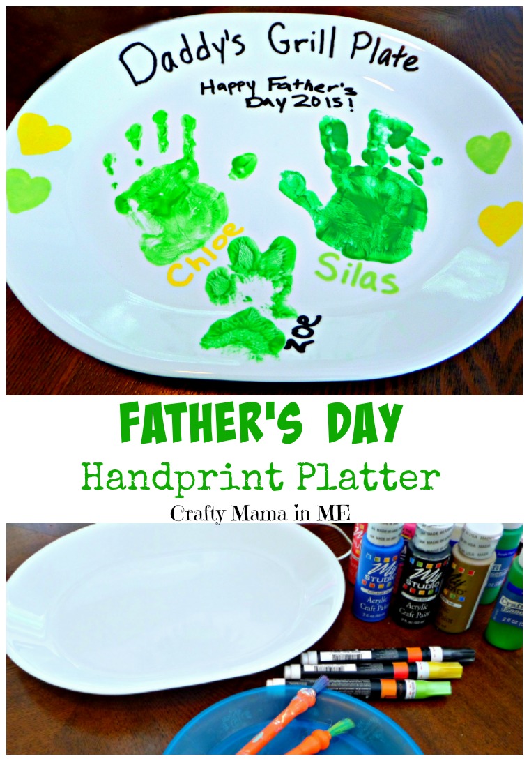 A white platter with green handprints labeled Chloe and Silas reads Daddys Grill Plate and Happy Fathers Day 2015! in black marker, surrounded by yellow hearts. Below, a blank plate awaits, perfect for exploring more Fathers Day painting ideas for toddlers with paints and markers beside it.