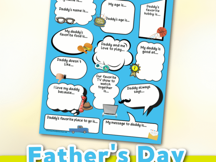A colorful Daddy and Me printable interview for kids on a blue background, featuring fill-in-the-blank statements about dads favorites and activities—the perfect Fathers Day activities for preschoolers. Playful icons like a basketball and mustache adorn this delightful design.