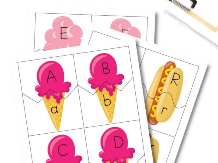 Printable summer letter puzzles featuring ice cream and hot dog images with uppercase and lowercase letter matching cards on a desk.