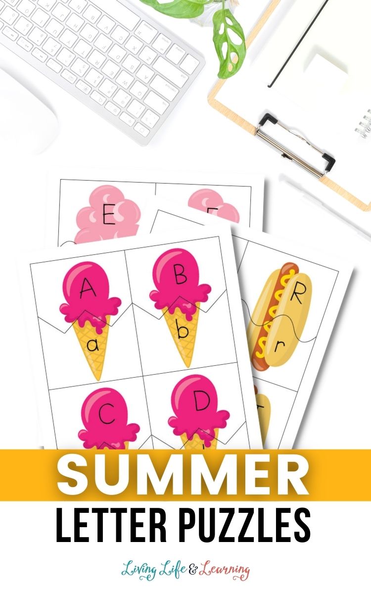 Printable summer letter puzzles featuring ice cream and hot dog images with uppercase and lowercase letter matching cards on a desk.