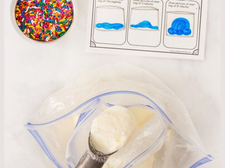 Ice cream in a bag science experiment with worksheet, sprinkles, and homemade ice cream being scooped from a plastic bag.