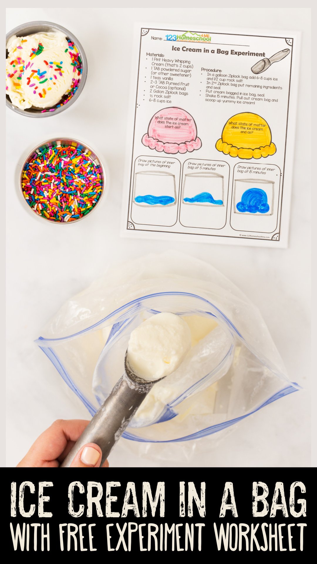 Ice cream in a bag science experiment with worksheet, sprinkles, and homemade ice cream being scooped from a plastic bag.
