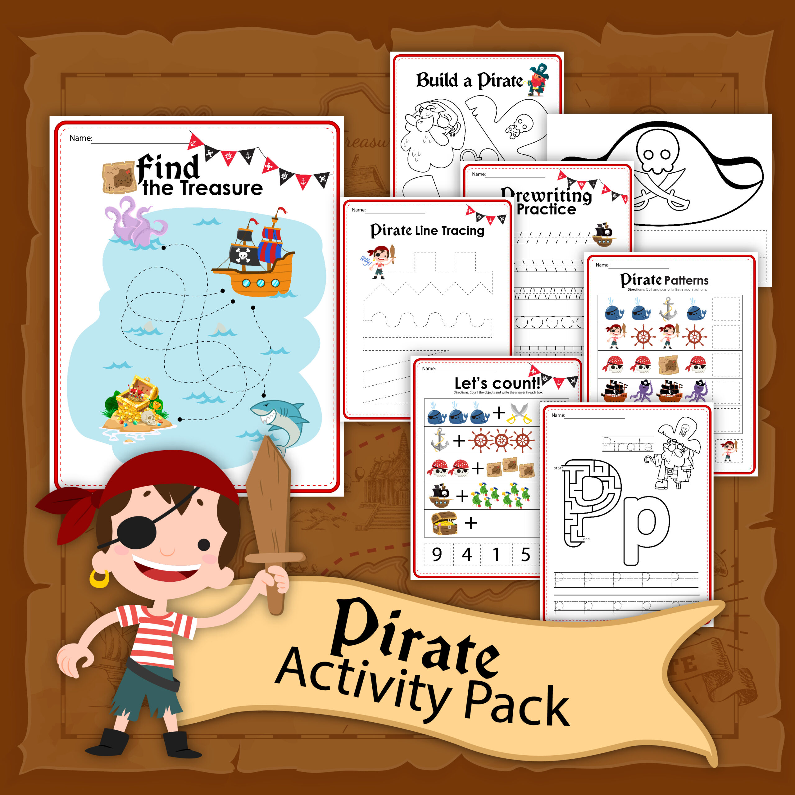 A pirate-themed activity pack featuring worksheets with tasks like line tracing, counting, and pattern recognition. A cheerful cartoon pirate with a wooden sword stands in front of a treasure map, next to a bonus Frankenstein Hair Cutting Printable Set for added fun.