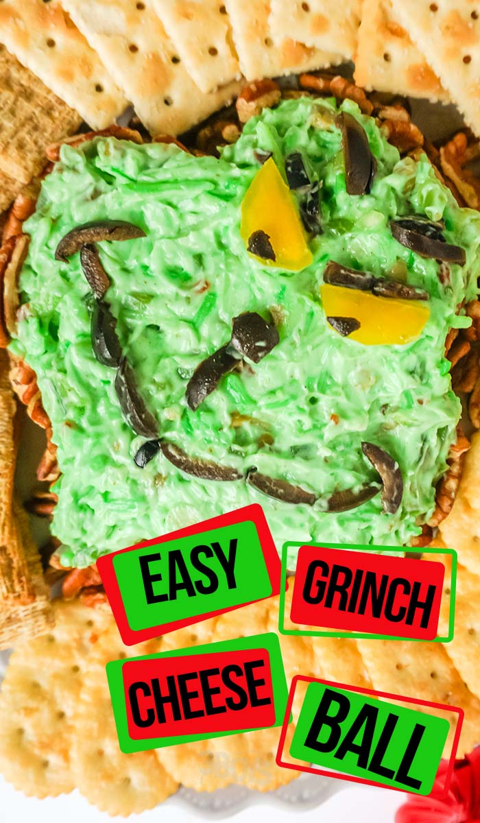 closeup of easy holiday cheeseball recipe without refrigeration with text which reads easy Grinch Cheese Ball