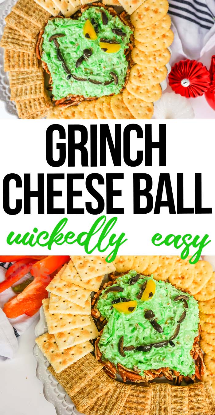 photo collage of simple grinchmas party food savory cheese ball with text which reads Grinch Cheese Ball wickedly easy