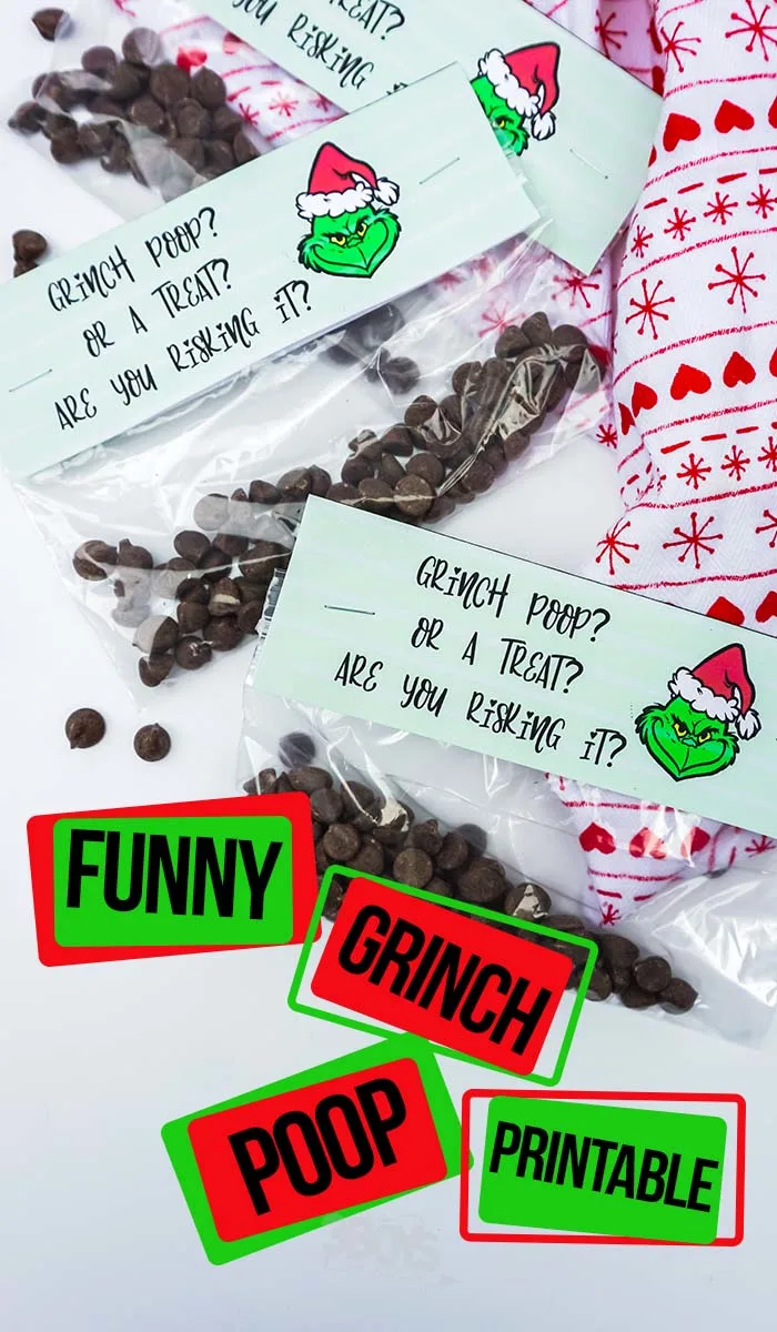 easy grinch treat bag top for a grinch party with text which reads funny Grinch Poop Printable