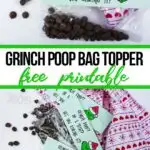 photo collage of holiday treat bag toppers with text which reads Grinch Poop Bag Topper free printable