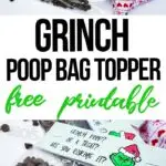 photo collage of holiday treat bag top with text which reads Grinch Poop Bag Topper free printable