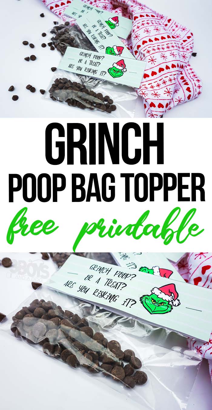 photo collage of holiday treat bag top with text which reads Grinch Poop Bag Topper free printable