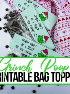 Grinch poop bag topper free printable with text which reads Grinch Poop Printable Bag Topper