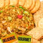 closeup of easy holiday cheeseball with gourmet ingredients with text which reads delicious gourmet cheese ball