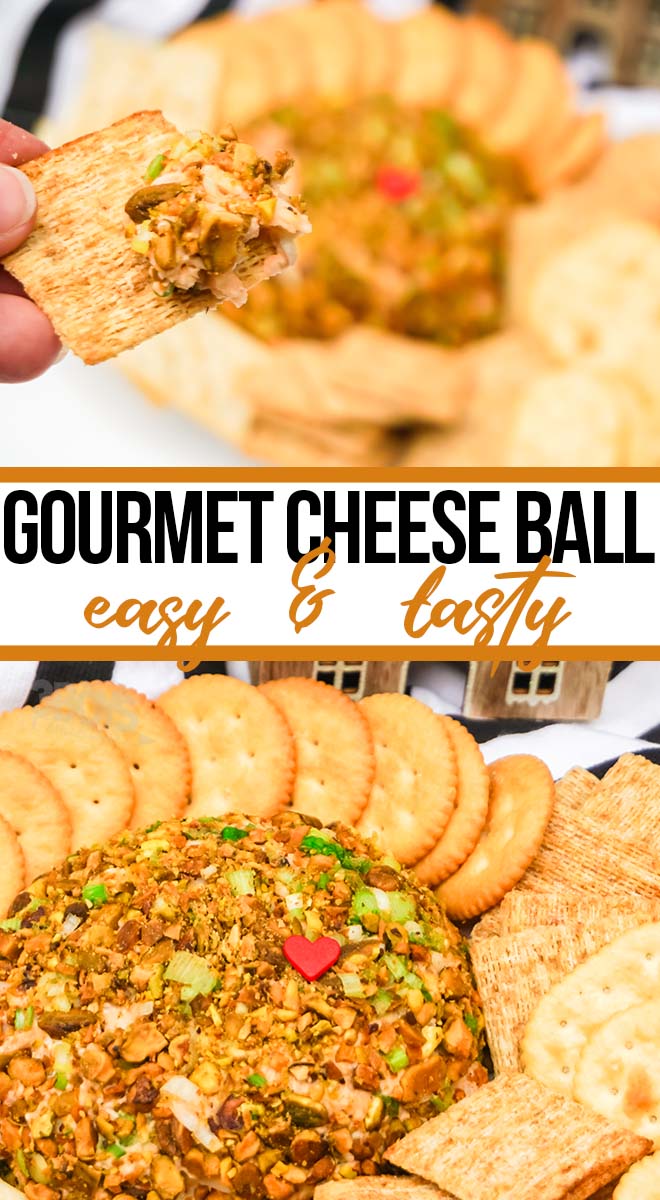 fotocollage van luxe cheeseball-recept met tekst die gourmet-kaasbal gemakkelijk en smakelijk leest 
