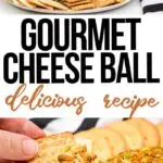 photo collage of dressed-up cheeseball for a nice party with text which reads gourmet cheese ball delicious recipe