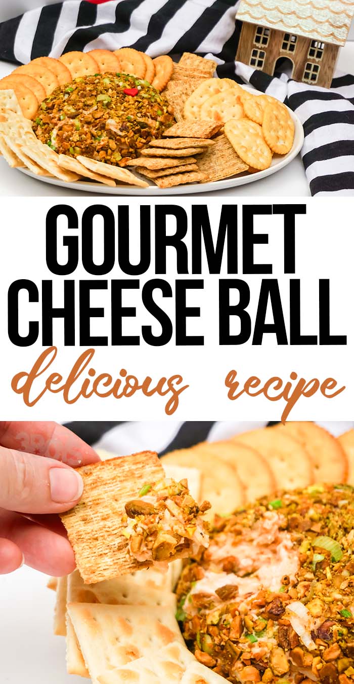 photo collage of dressed-up cheeseball for a nice party with text which reads gourmet cheese ball delicious recipe