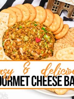 simple cheeseball recipe for the holidays with text which reads easy and delicious gourmet cheese ball