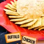 easy cheeseball with chicken with text which reads buffalo chicken cheese ball