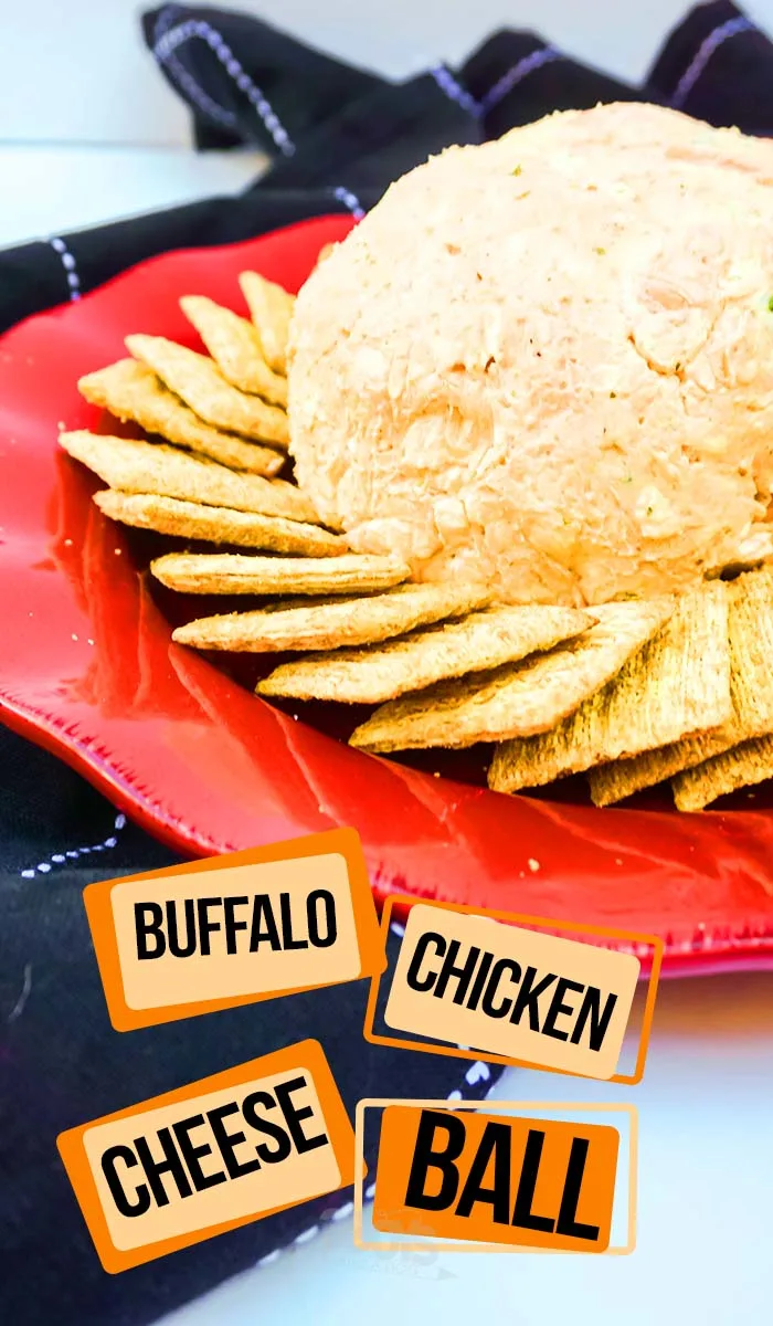 easy cheeseball with chicken with text which reads buffalo chicken cheese ball