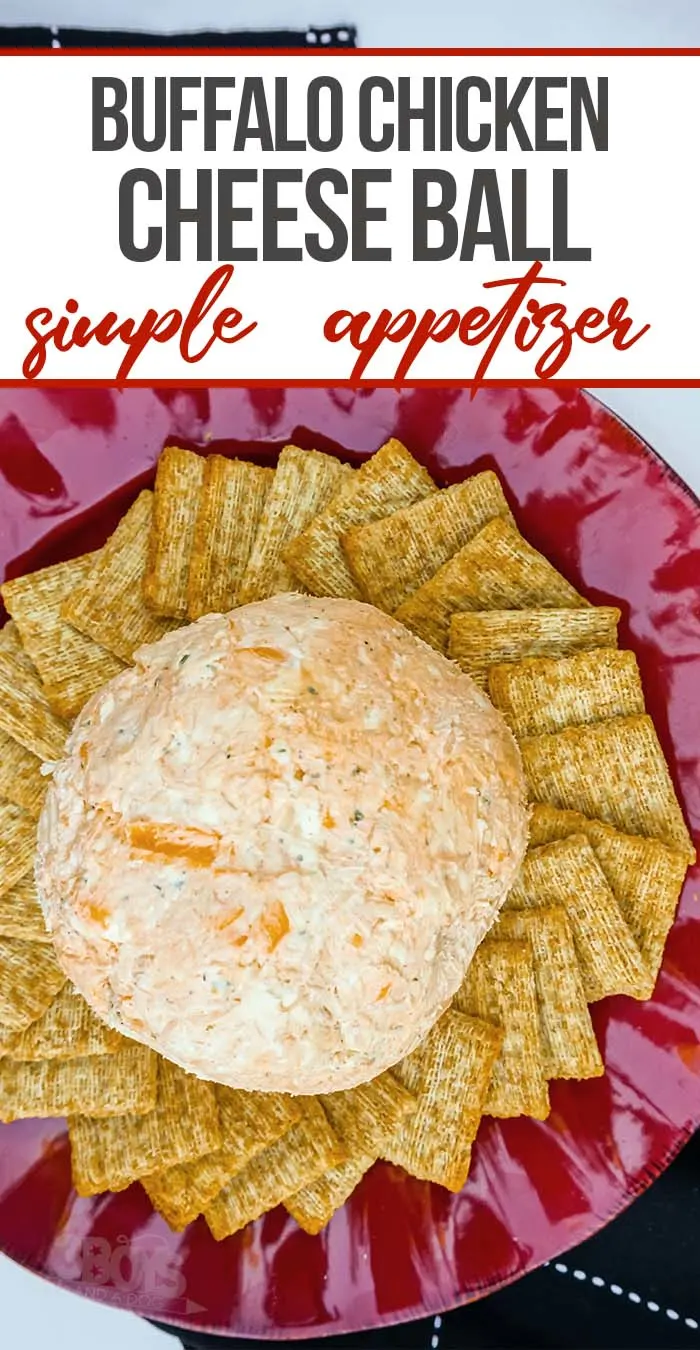 overhead view of easy cheeseball recipe with ranch and hot sauce with text whihc reads buffalo chicken cheese ball simple appetizer