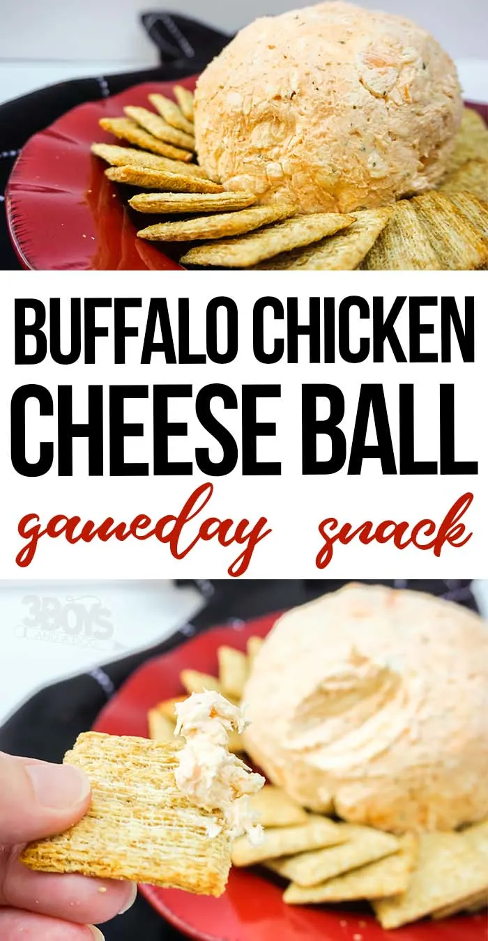 photo collage of easy appetizer for football games with text which reads buffalo chicken cheese ball gameday snack