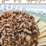 simple holiday cheese ball recipe with text which reads easy pecan cheese ball the best appetizer