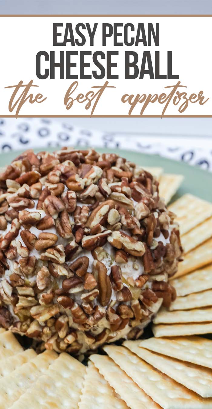 simple holiday cheese ball recipe with text which reads easy pecan cheese ball the best appetizer