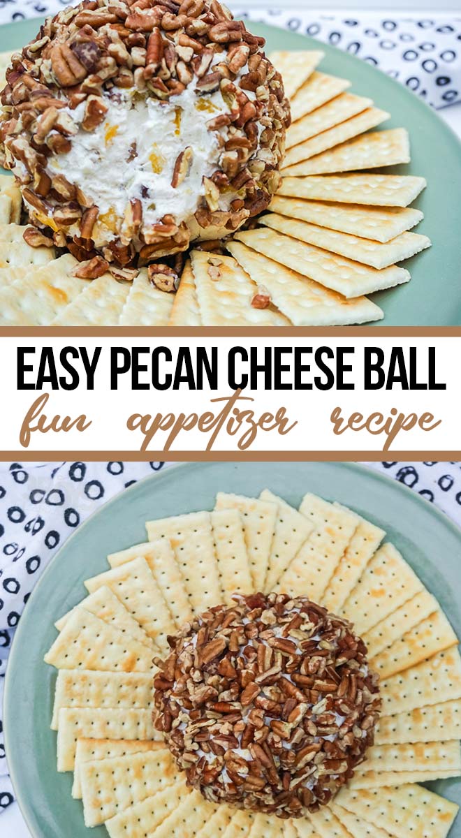 photo collage of simple cheeseball with pecans recipe with text which reads easy pecan cheese ball fun appetizer recipe