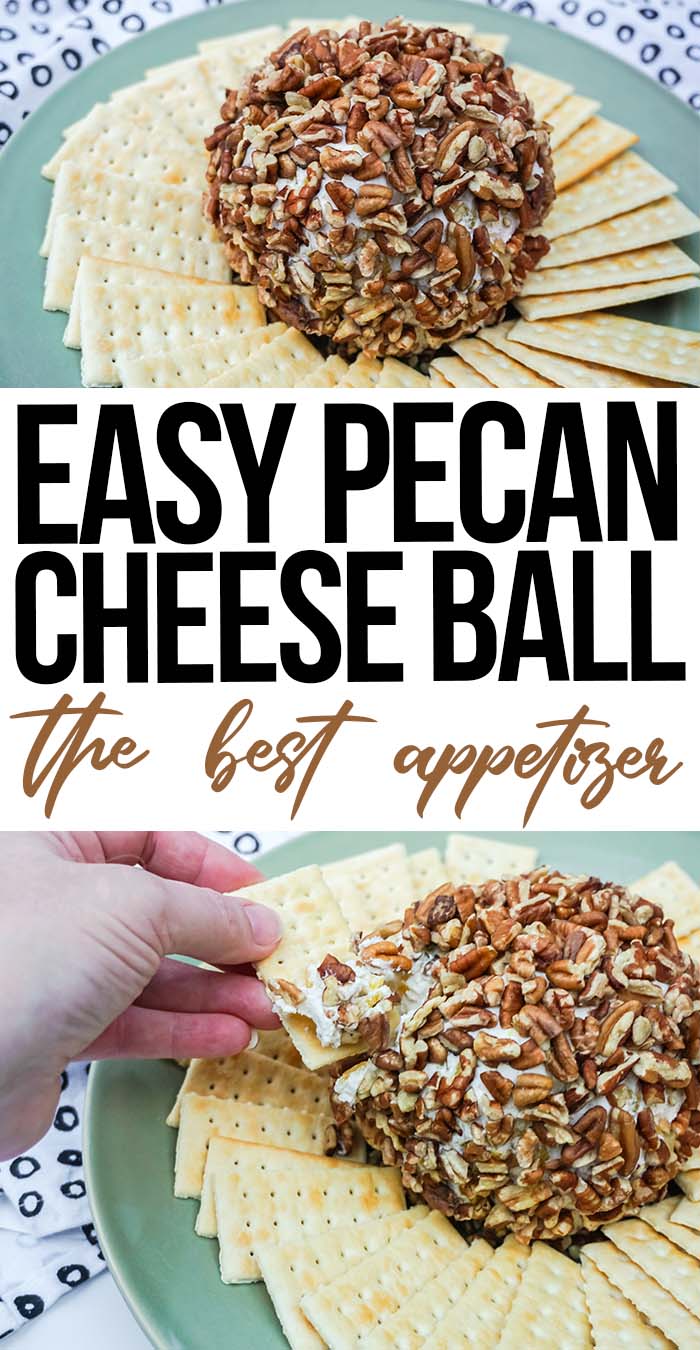 fotocollage van een eenvoudig cheeseball-recept met tekst waarin 'Easy Pecan Cheese Ball' het beste voorgerecht luidt