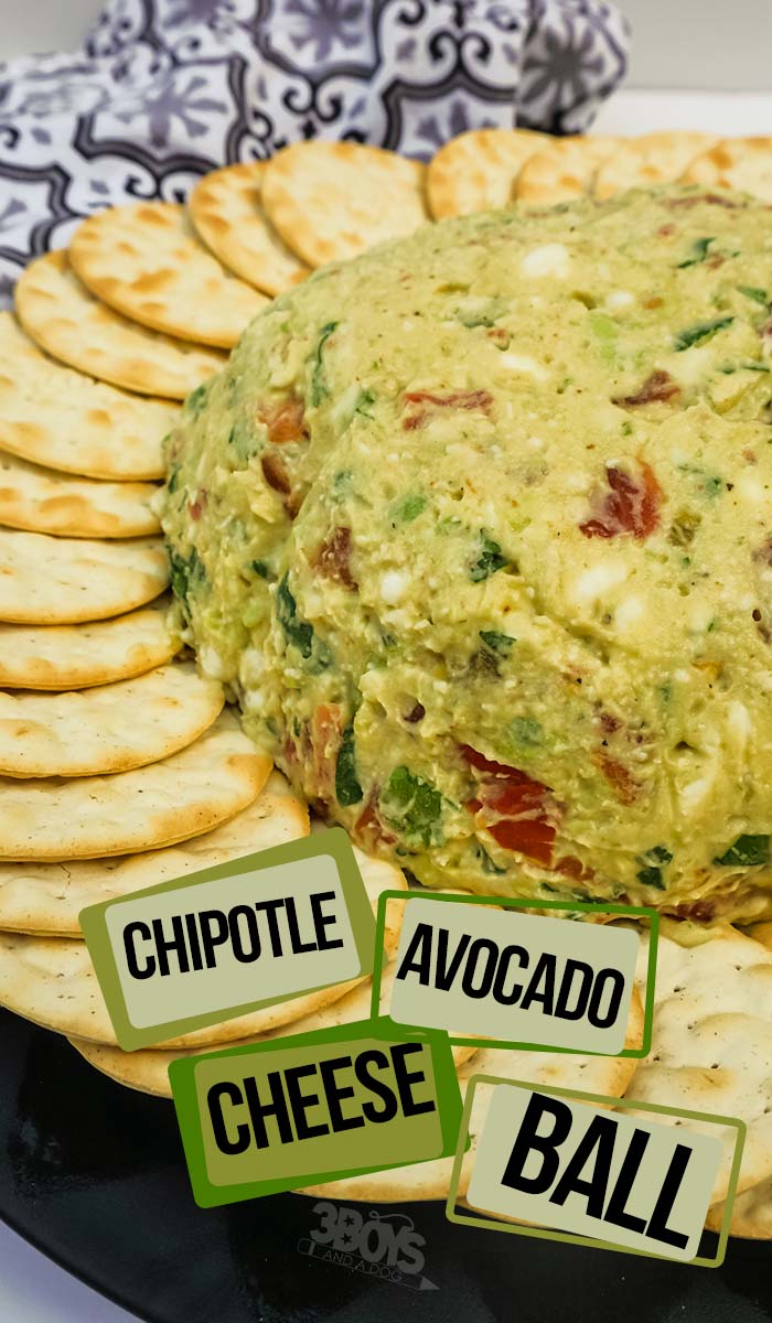 closeup of an avocado cheese ball with text which reads chipotle avocado cheese ball