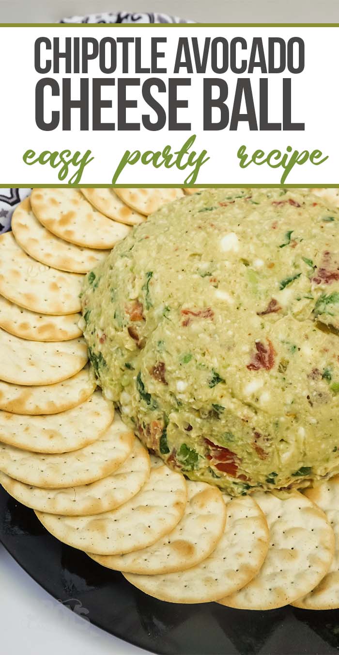 easy guacamole cheeseball recipe with text which reads chipotle avocado cheese ball easy party recipe