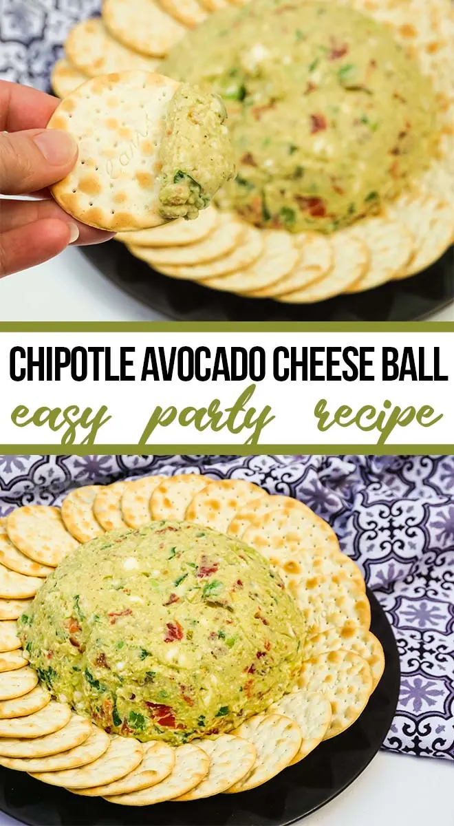 photo collage of easy avocado cheese ball with text which reads chipotle avocado cheese ball easy party recipe