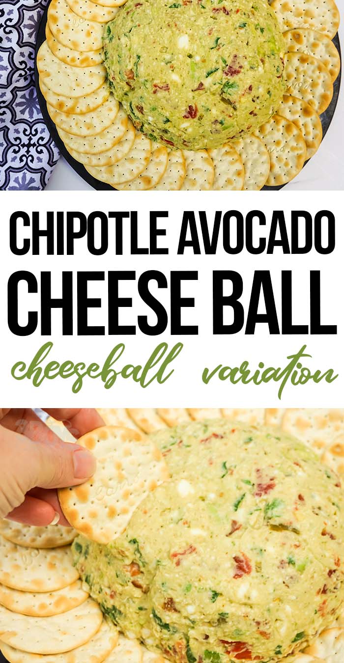 photo collage of simple recipe for avocado cheese ball recipe with text which reads chipotle avocado cheese ball cheeseball variation