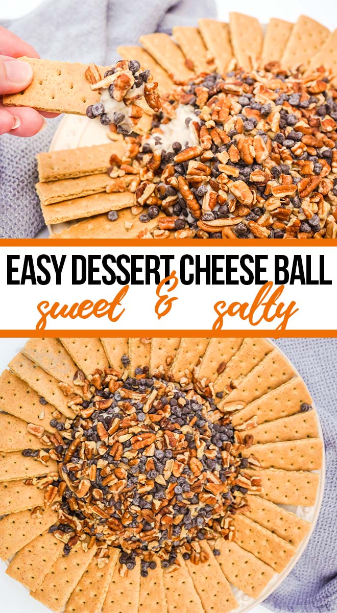 photo collage of simple dessert cheese ball with text which reads easy dessert cheese ball sweet and salty