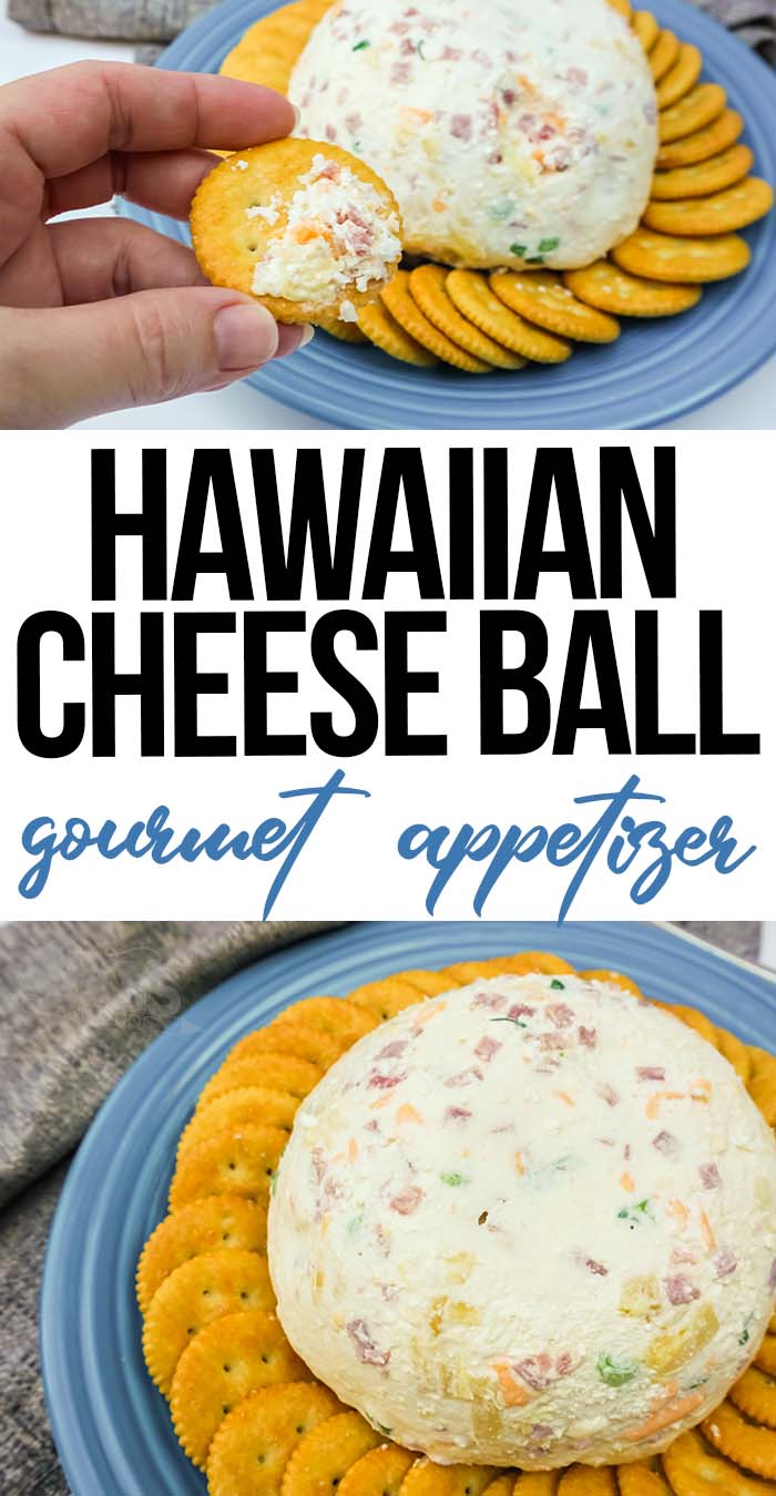 photo collage of hawaiian themed cheese ball recipe with text which reads hawaiian cheese ball gourmet appetizer