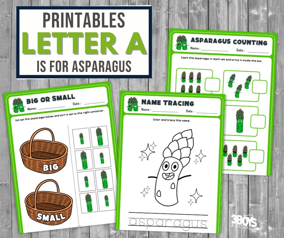 A is for Asparagus Preschool Worksheets offer fun printables for learning the letter A featuring an amusing asparagus character. Activities include size sorting, asparagus counting, and a name tracing sheet, making learning delightful and engaging.