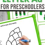 A childs hand colors a cartoon asparagus on an A is for Asparagus Preschool Worksheets page. The worksheet features tracing activities and a vibrant asparagus illustration, perfectly crafted for little learners.