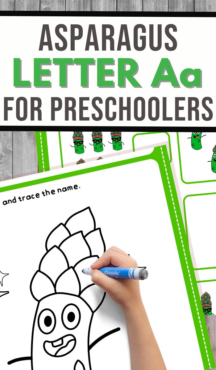 A childs hand colors a cartoon asparagus on an A is for Asparagus Preschool Worksheets page. The worksheet features tracing activities and a vibrant asparagus illustration, perfectly crafted for little learners.