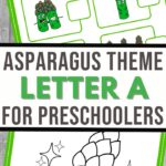 Illustrated preschool worksheet featuring asparagus-themed characters. Includes matching activities with expressive asparagus and outlines for coloring. Text reads A is for Asparagus Preschool Worksheets: Letter A Activities for Preschoolers.