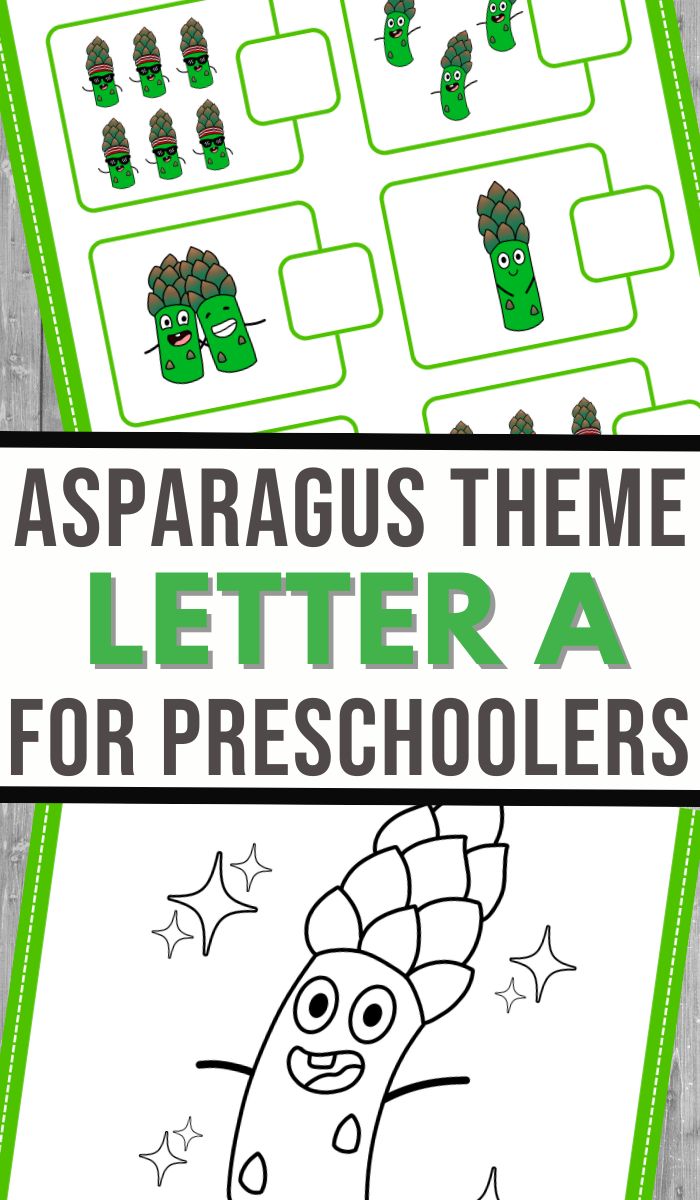 Illustrated preschool worksheet featuring asparagus-themed characters. Includes matching activities with expressive asparagus and outlines for coloring. Text reads A is for Asparagus Preschool Worksheets: Letter A Activities for Preschoolers.