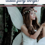 A young woman dressed as a fairy, wearing a flower crown and white dress with wings, sits in a forest setting. She holds a small birdcage. The text above reads, Whimsical fairy wings quotes!.