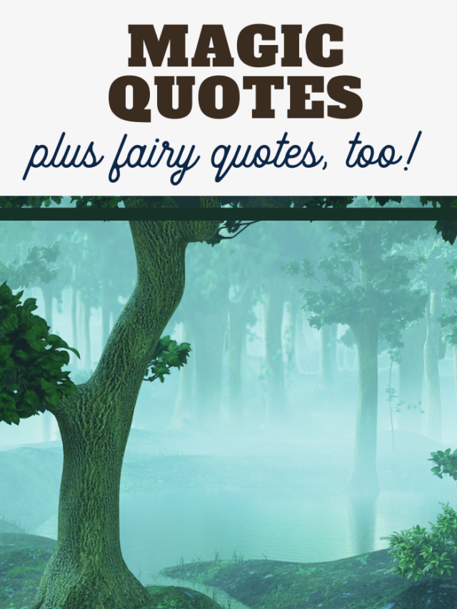 A serene forest scene with tall trees and a mist-covered lake. The text above the image, enveloped in an air of enchantment, reads MAGIC QUOTES plus fairy quotes, too! in bold and cursive fonts.