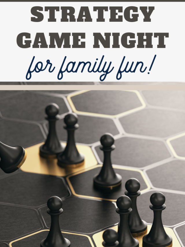 A board game scene with black pawns on a hexagonal grid surface. Text above reads Strategy Game Night 2 for family fun! in large, bold letters.