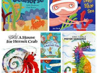 Collage of nine book covers about sea animals. Titles include Secret Seahorse, Way Down Deep in the Deep Blue Sea, A House for Hermit Crab, The Pout-Pout Fish, Mister Seahorse, Barry the Fish with Fingers, C is for Orca, and Fish Eyes.