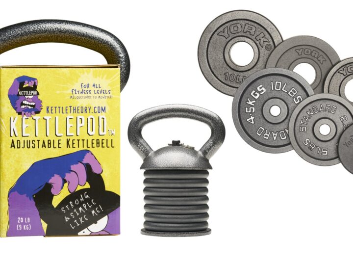 A kettlebell next to a product box labeled Kettlepod Adjustable Kettlebell and five weight plates with weight markings from 2.5 lbs to 10 lbs. Its compact, stackable design makes it the perfect addition to your holiday gift ideas for fitness enthusiasts.
