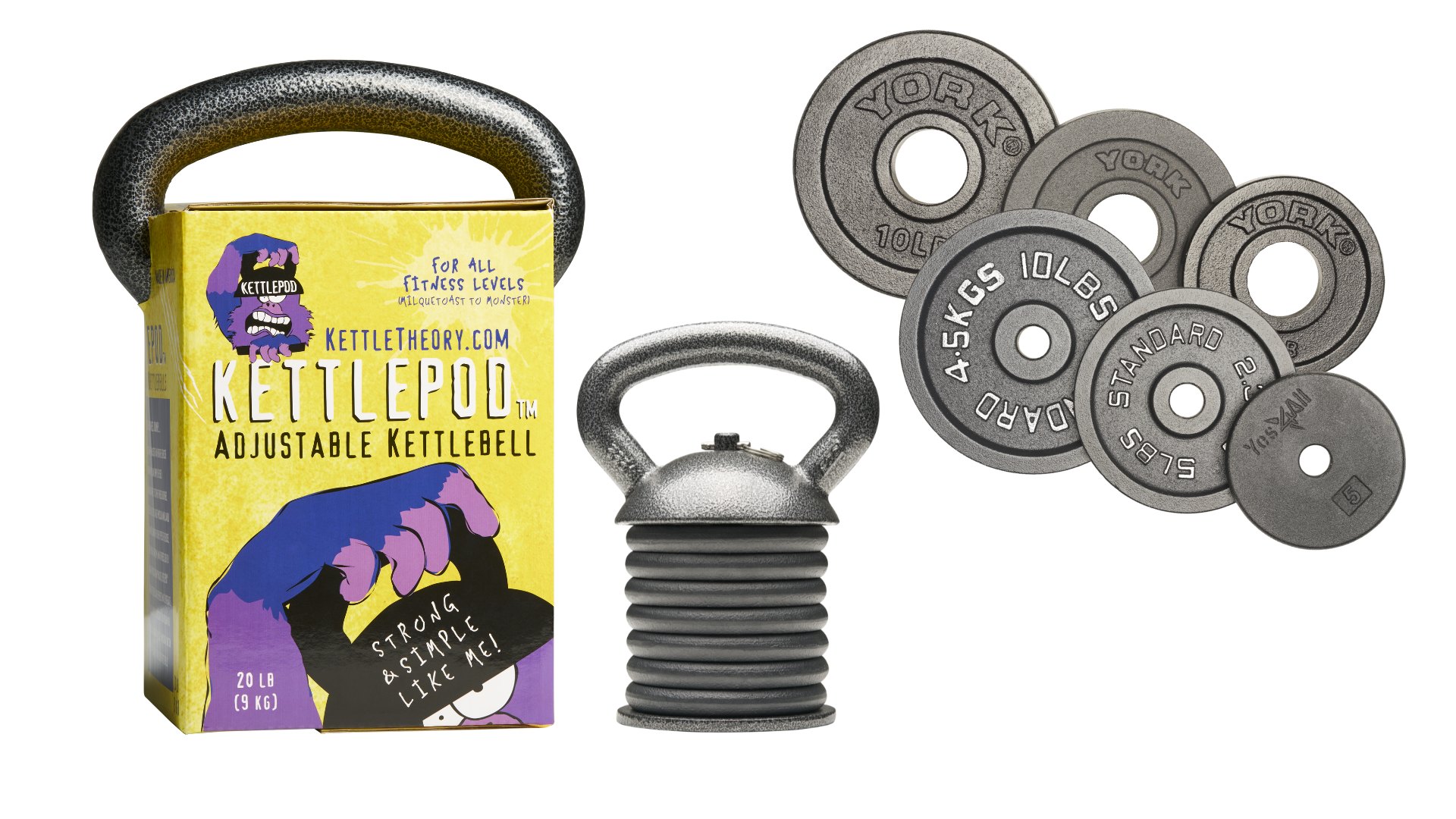 A kettlebell next to a product box labeled Kettlepod Adjustable Kettlebell and five weight plates with weight markings from 2.5 lbs to 10 lbs. Its compact, stackable design makes it the perfect addition to your holiday gift ideas for fitness enthusiasts.