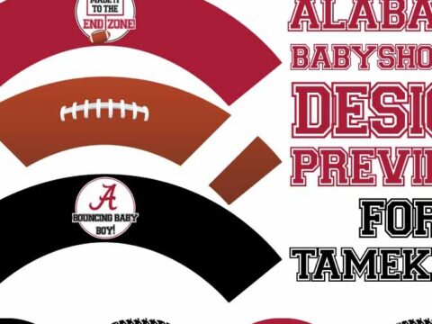 Image of a baby shower design preview themed around Alabama football. Features include brown and red football graphics, text labels like BOUNDING BABY BOY!, and a note for Tameka A. in bold red and black fonts.