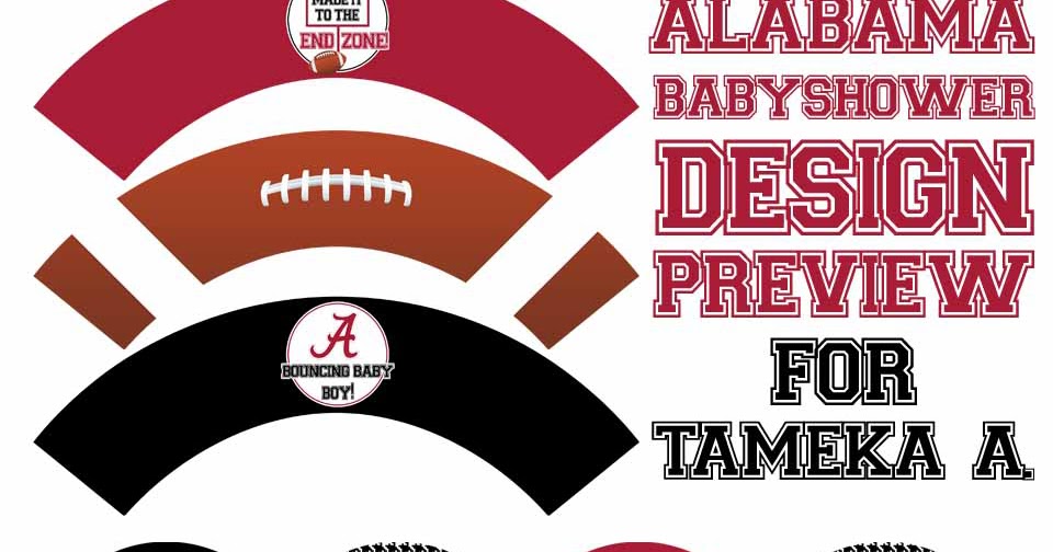Image of a baby shower design preview themed around Alabama football. Features include brown and red football graphics, text labels like BOUNDING BABY BOY!, and a note for Tameka A. in bold red and black fonts.